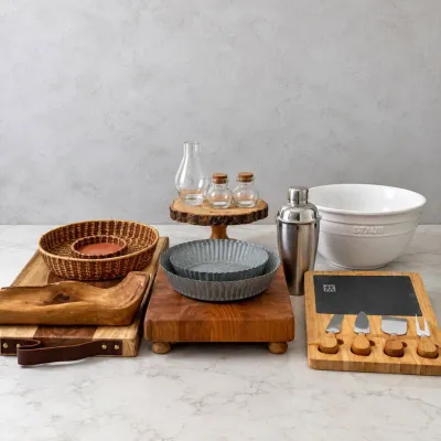 K kitchen set featuring unique wooden and metal pieces