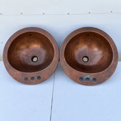 Hd pair of antique hammered copper bathroom sinks