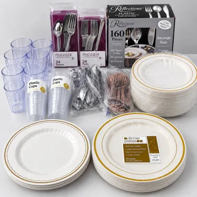 K assortment of plastic cups plates and utensils