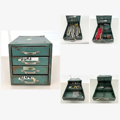 G green metal storage container with tools