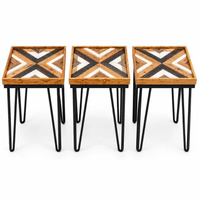 F rustic geometric wood side tables with hairpin legs