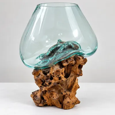 Hd molten glass bowl with teak driftwood base