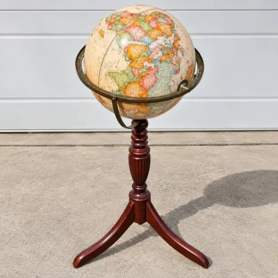 Hd vintage world globe on decorative wood pedestal tripod stand