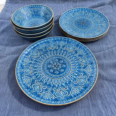 K 11 piece elama blue stoneware dinnerware set
