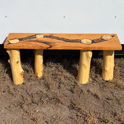 F handcrafted wooden bench with natural branch design