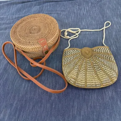 B rattan and straw crossbody basket bag and beaded bag
