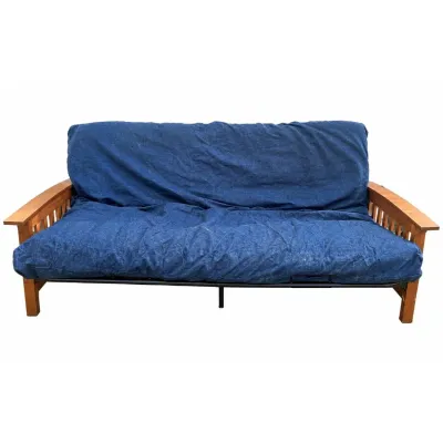 F wood arm futon sofa bed with navy cushion