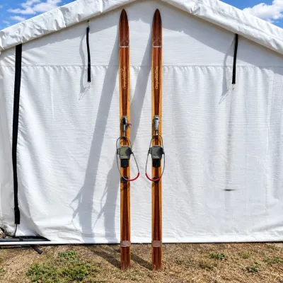 G wooden cross country skis with bindings