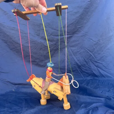 Ld wooden cowboy on horse marionette string puppet