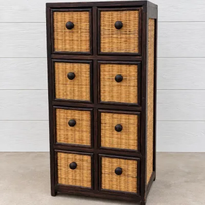 F dark wood and woven rattan 8 drawer storage chest