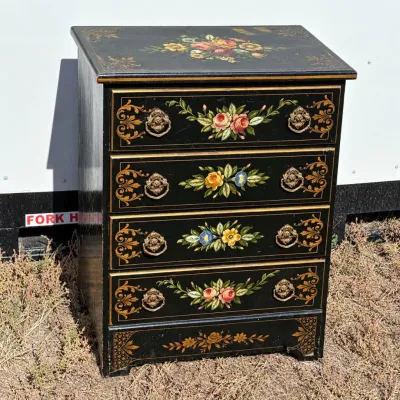 F chinoiserie paint decorated black lingerie chest