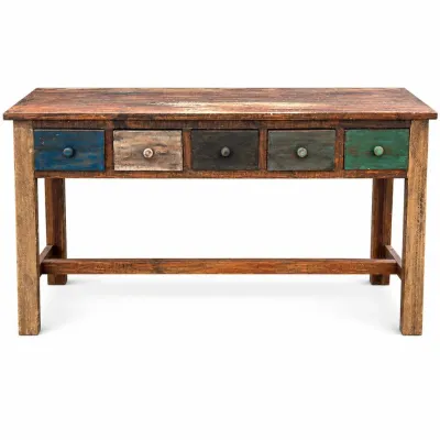 F rustic reclaimed wood 5 drawer console table