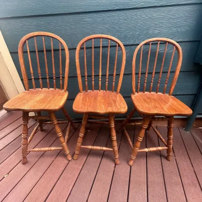 F set of 3 tall windsor style wood swivel chairs