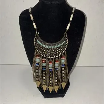 Vintage Tribal Bib Necklace w/ Tassels Multicolored