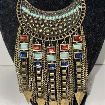 Vintage Tribal Bib Necklace w/ Tassels Multicolored