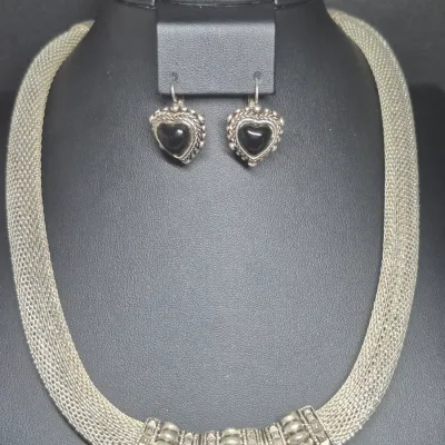 Vintage Silver tone Mesh Necklace & black heart Earrings