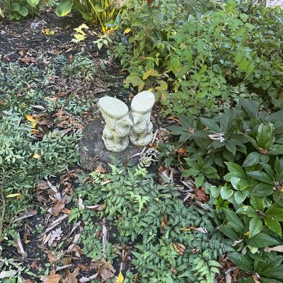 Sale Photo Thumbnail #142: Pair of small concrete or stone gargoyle garden pedestals resting on a tree stump amidst lush foliage.