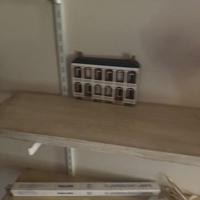 Sale Photo Thumbnail #70: Miniature wooden building figurine resting on a shelf, displayed along with a Philips fluorescent lamp fixture and shelf brackets below.