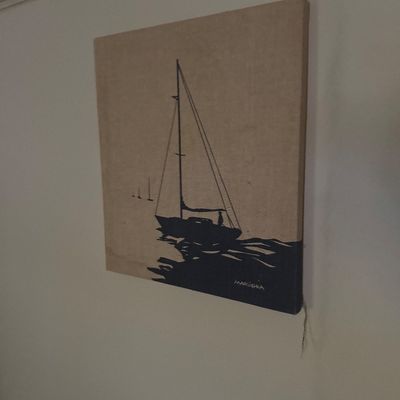 Sale Photo Thumbnail #39: Vintage Marushka hand-screened fabric wall art depicting sailboats on canvas, circa 1970s.