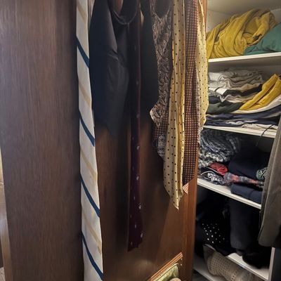 Sale Photo Thumbnail #23: Selection of vintage men's neckties and scarves hanging inside a closet door next to organized shelves of folded clothing.