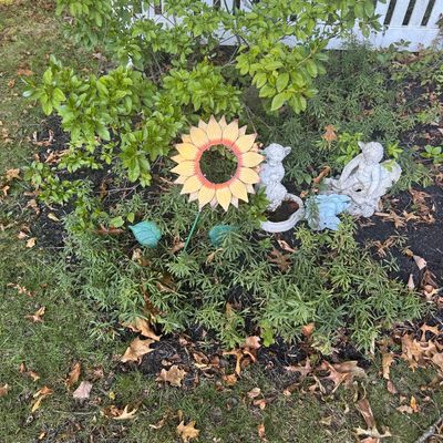 Sale Photo Thumbnail #129: Metal sunflower garden stake and concrete cherub garden statues set in a garden bed near a white fence.