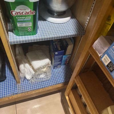 Sale Photo Thumbnail #239: Pantry cabinet filled with kitchen and cleaning supplies, including a container of Cascade dishwasher detergent, a stainless steel stand mixer bowl, and various boxed items.