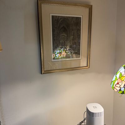 Sale Photo Thumbnail #160: Framed architectural print depicting a cathedral interior, mounted in a gold-finished wooden frame with cream matting.