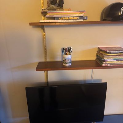Sale Photo Thumbnail #54: Black Samsung flat-screen television unit set beneath wall-mounted shelving holding books, a panda figurine, and office supplies.