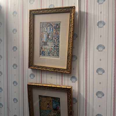 Sale Photo Thumbnail #11: Pair of framed illuminated manuscript prints in matching ornate gilded frames.