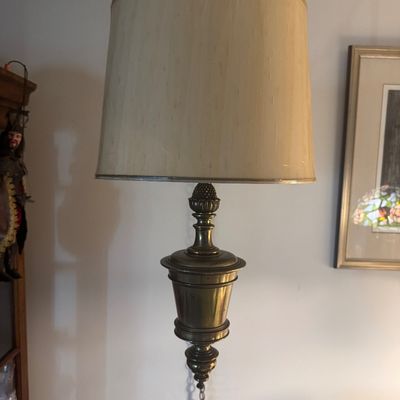 Sale Photo Thumbnail #187: Vintage brass swag chain pendant lamp with an urn-form body and a large fabric shade.