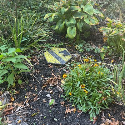 Sale Photo Thumbnail #132: Hexagonal mosaic garden stepping stone featuring the 1st Cavalry Division military insignia, set among garden foliage.