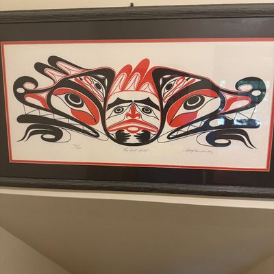 Sale Photo Thumbnail #73: Framed Pacific Northwest Coast Indigenous art print titled "The Lost Child," numbered 134/155 and pencil-signed by the artist, dated 1993.