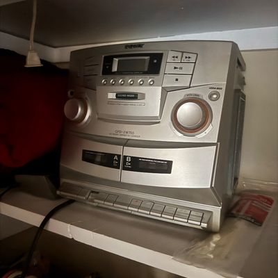 Sale Photo Thumbnail #32: Vintage silver Sony CFD-ZW755 CD radio dual cassette recorder boombox, sitting on a closet shelf.