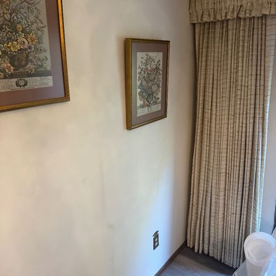 Sale Photo Thumbnail #214: Pair of framed botanical art prints depicting floral arrangements in gold-finished frames hanging on a wall next to pleated drapes.