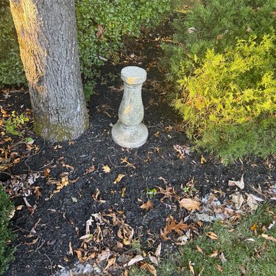 Sale Photo Thumbnail #131: Weathered concrete garden pedestal or birdbath base, standing in a mulched landscape bed.