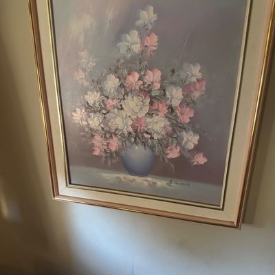Sale Photo Thumbnail #67: Framed floral still life oil painting on canvas featuring pink and white flowers in a vase, signed H. Desmoulin, presented in a light wood and gold trim frame.
