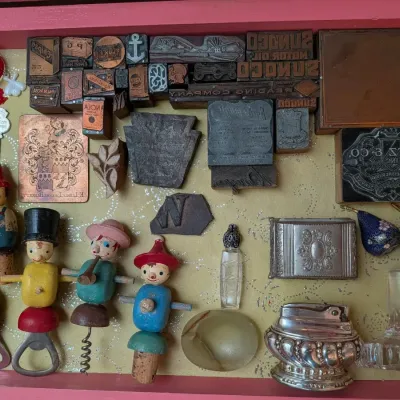 Vintage wooden barware, mercury glass ornaments and block print stamps!