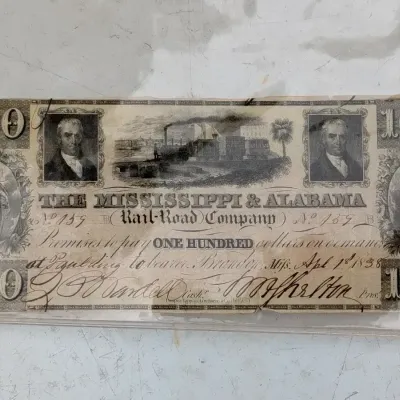 1838 Mississippi-Alabama Railroad $100 banknote!