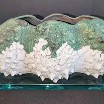Sale Photo Thumbnail #3: Tony Evans Designs Raku Sea Urchin Vessel featuring a heavily spiked and crackled white and green glaze, displayed on a glass stand.