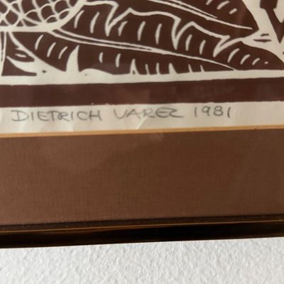 Sale Photo Thumbnail #129: Framed block print by Hawaiian artist Dietrich Varez, pencil-signed and dated 1981.