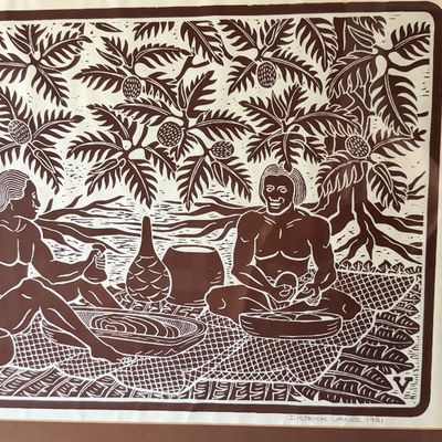 Sale Photo Thumbnail #126: Framed block print titled "Poi 'Ulu" by Dietrich Varez, dated 1981, depicting two figures making poi under breadfruit trees.