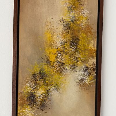 Framed mid-century abstract oil painting on canvas depicting stylized yellow and white trees on a muted brown background, signed by the...