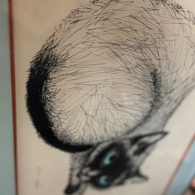 Framed mid-century modern ink sketch print of a Siamese cat.