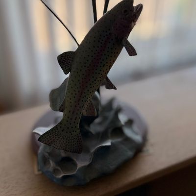 Rainbow trout figurine leap sculpted on a resin water splash base.