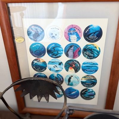 Sale Photo Thumbnail #107: Framed set of Wyland collectible pogs and milk caps featuring marine life illustrations in a Hawaiian koa wood frame.