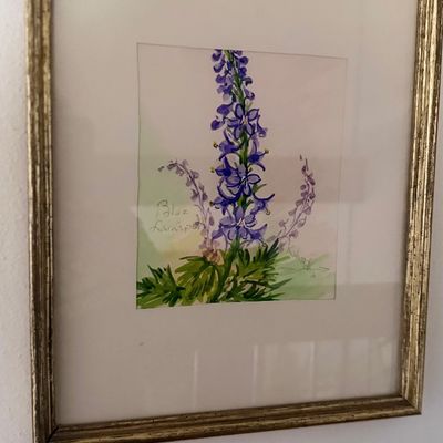 Framed botanical watercolor painting of blue larkspur, presented in a light mat and a slender metallic gold frame.