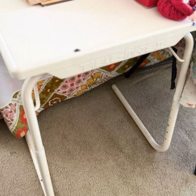 Sale Photo Thumbnail #146: White plastic Table-Mate adjustable folding TV tray table.