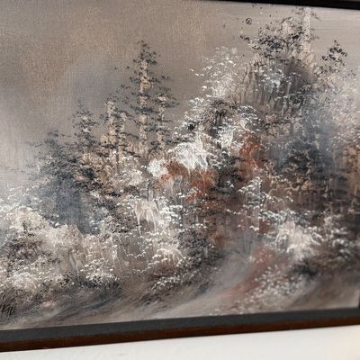 Framed textured landscape oil painting featuring misty pine trees in a dark wood frame.