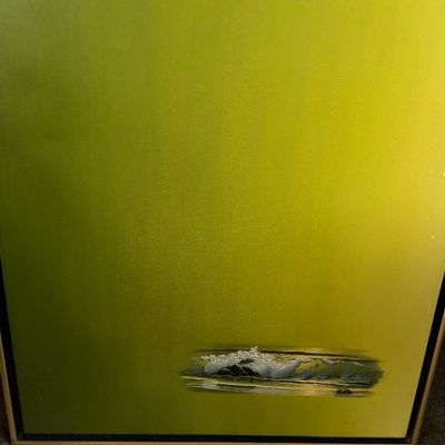 Framed mid-century modern style minimalist painting featuring a small wave vignette set against a large olive green background.