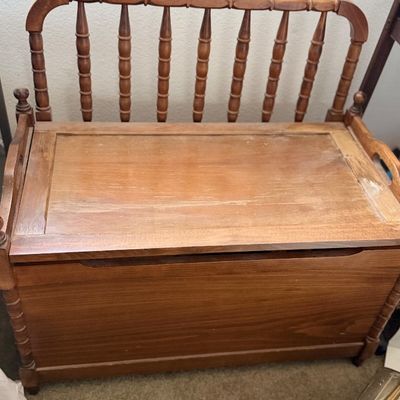 Sale Photo Thumbnail #138: Vintage wooden storage bench with spindle back rest.